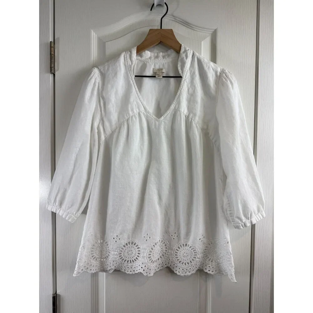 J.Crew Womens Small White Linen Cotton Eyelet Embroidered Peasant Tunic Blouse